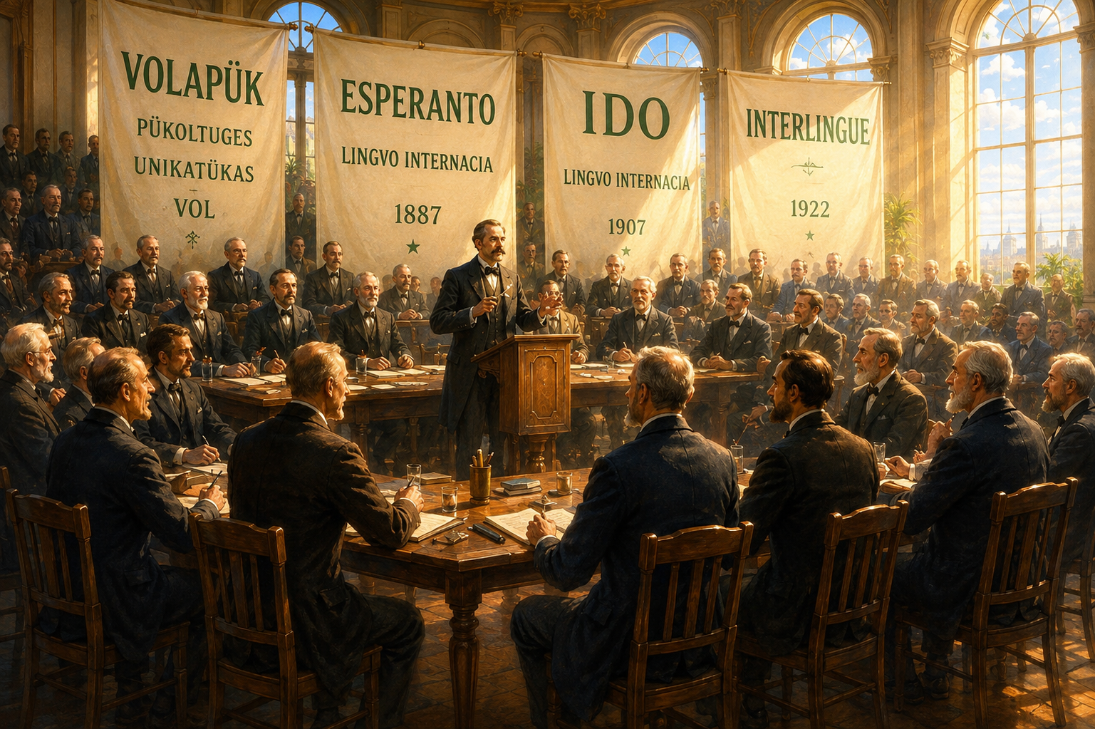 A 19th-century conference hall with banners for Volapük, Esperanto, Ido, and Interlingue.