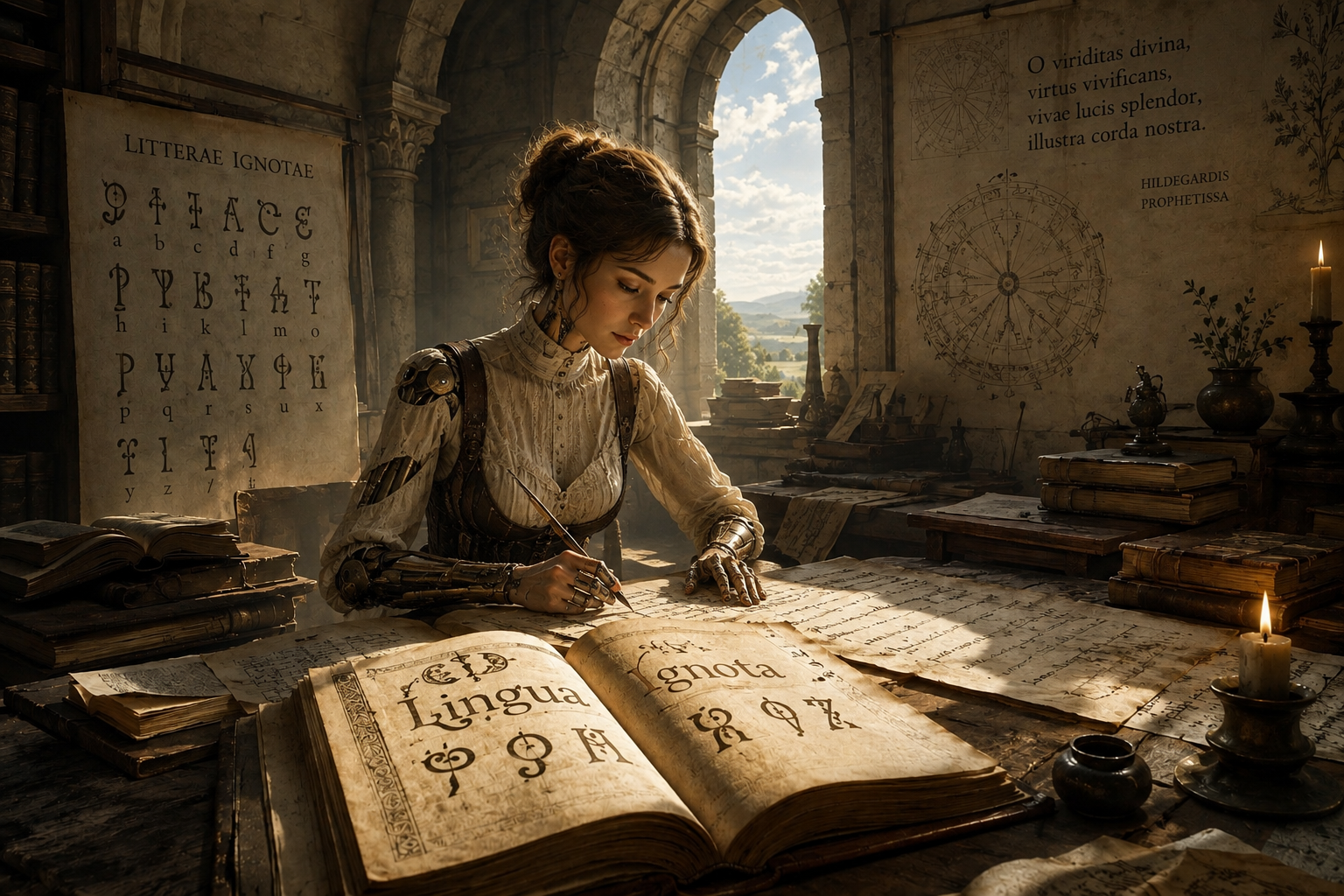 A scholar in a medieval scriptorium writing in a book titled Lingua Ignota, with an unknown alphabet on the wall.