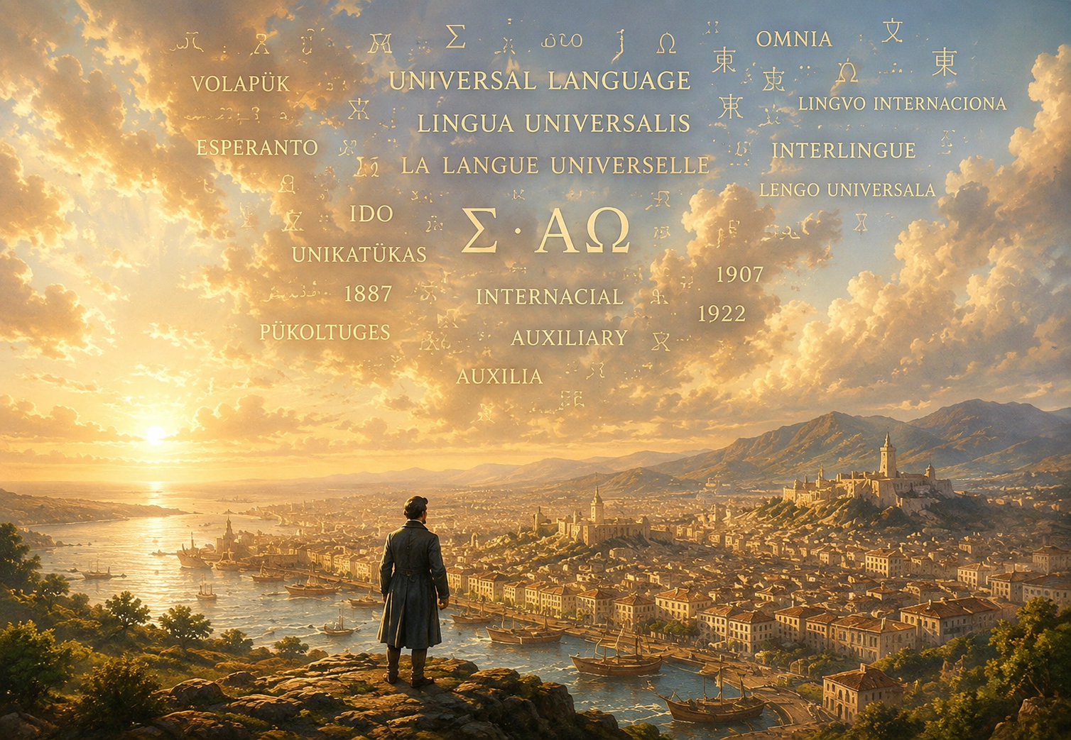 A figure overlooking a port city at sunset, with words for universal language written in the clouds in many scripts.